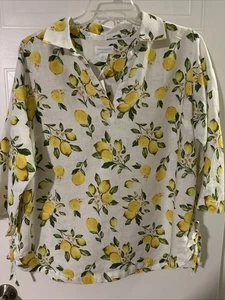 Leichter 3/4-Arm-Pullover Leinen Cynthia Rowley Zitronenmuster V-Ausschnitt 1X neu mit Etikett - Bild 1 von 10