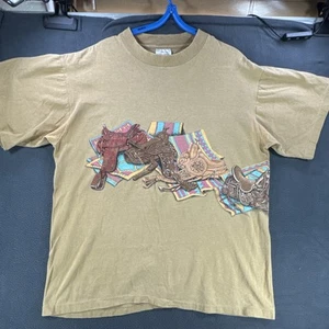 Vintage Hazelwood Wrap Around Cowbow Saddles Graphic T Shirt Large Made In USA - Picture 1 of 7
