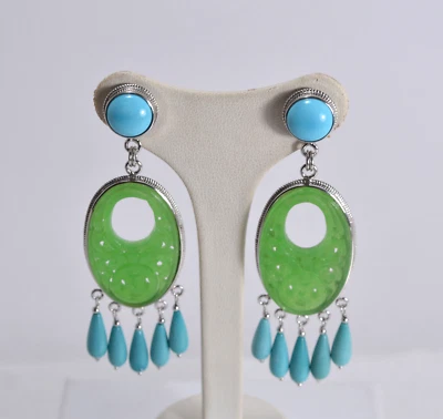 ORECCHINI  ARGENTO 925 TURCHESE NATURALE PENDOLI GIADA VERDE OVALI     AGHT 0848 - Immagine 1 di 3