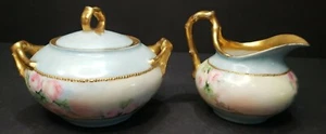 Antique J P L France SugarCreamer Handpainted signed 1903 pink roses - blue gold - Bild 1 von 6