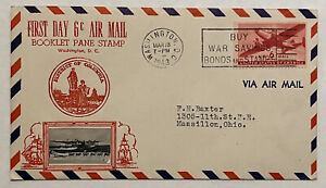 1943 WASHINGTON DC GLOSSY RED FIRST DAY 6C AIRMAIL BOOKLET PANE STAMP COVER
