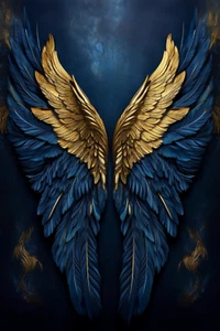 Golden Angel Wings Wall Art – Navy Blue & Gold Feather 16x24, 24x36 Poster - Picture 1 of 1