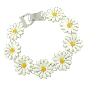 Flower Bracelet Chain Link Magnetic Clasp Daisy White Yellow Plant Theme Enamel - Picture 1 of 1
