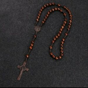 Wooden rosary bead necklace cross bronze crucifix fathers day mens boy gift