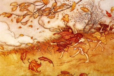AUTUMN FAIRIES WIND FLYING LEAVES FAIRY ILLUSTRATION BY ARTHUR RACKHAM REPRO  - Image 1 of 3