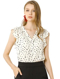 Allegra K Women's Ruffle Sleeves V Neck Dots Print Blouse Top - Picture 1 of 7