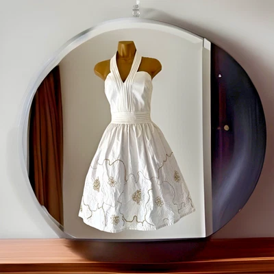 TED BAKER IVORY & GOLD BEADED HALTER-NECK SKATER DRESS (TB 3) UK 12 (US 8) EU 40 - image 1 of 4