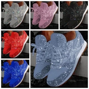 UK Womens Flat Glitter Sparkly Casual Plimsoles Lace upTrainers Shoes FAST SHIP~ - Picture 1 of 13