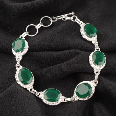 Pulsera de joyería de plata de ley 925 hecha a mano con piedras preciosas de ónix verde regalo para ella Foto 1 de 3