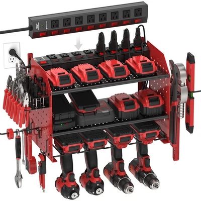 CRST Power Tool Organizer Wall Mount with 8-Outlet Surge Protector Power Strip Holder