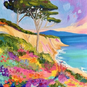 California Coastal Decor Beach Flower Colorful Rainbow Original Oil Painting - Picture 1 of 4