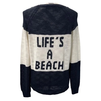 Suéter 360 Para Mujer Mezcla de Lino Tejido Suéter Life's A Beach Azul Marino Crema M Foto 1 de 4