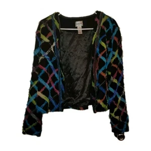 Chicos Blazer Gr. 2 schwarz Velour abstrakt leuchtende Farben Fransen Seidenmischung - Bild 1 von 5