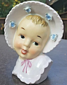 Head Vase Planter Baby Girl Lavender Bonnet Pink Accents Ucogco Japan MCM Vtg - Picture 1 of 9