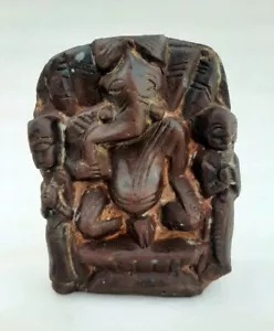 Antique Old Brown Stone Hindu God Ganesha With Priest Figure Statue Rich Patina - Picture 1 of 7