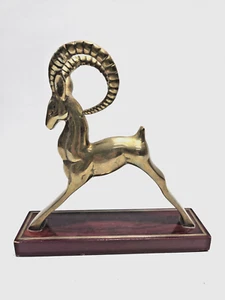 Brass Gazelle Statue Vintage MCM San Pacific Antelope Ram Figurine Wood Base - Picture 1 of 4