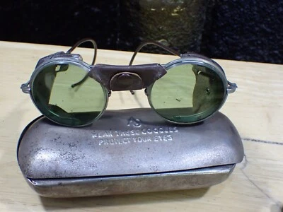 Vintage American Optical Green Glass Safety Goggles with Leather Guards & Case - Image 1 of 4