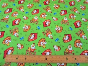 1 yard of Cute CHICKENS CHICKS and COOPS on GREEN 100% Cotton Fabric - Picture 1 of 1