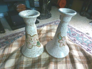 1989 Salt Glazed Flower Stoneware Candle Holder Set Of 2 Signed Linda Mortin - Picture 1 of 4