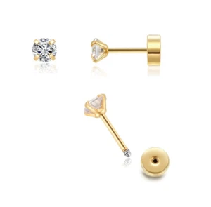 14K Gold 3mm kleine CZ Schraubverschluss Ohrstecker flach für Knorpel Tragus Ohrläppchen - Bild 1 von 7