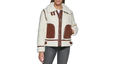 JAQUETA DE MOTOCICLETA JR PEQUENA 5-7 NOVA COM ETIQUETAS US$ 180 LEVI Sherpa pele sintética feminina - Imagem 1 de 4