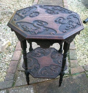 MESA AUXILIAR CHINA ANTIGUA OCTOGONAL BELLAMENTE TALLADA - Imagen 1 de 6