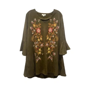 Umgee Kleid olivgrün Blumen bestickt Glockenärmel V-Ausschnitt Größe M - Bild 1 von 4