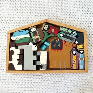Vintage 60er Jahre Holzblock Puzzle Krippe handgemacht bemalt 17 Teile - Bild 1 von 9
