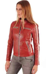 Womens Red Stripe Biker Leather Jacket. Real Sheepskin Leather Motorcycle Jacket - Picture 1 of 3