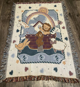 VIntage Baby Blanket Noah's Ark Animal Tapestry Throw 50x18 Farmhouse Country
