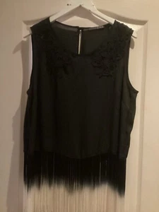 Ladies Black Chiffon Vest With Black Ivory Fringes At Hem Size 18. - Picture 1 of 6