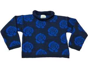 Vintage UNIQUE! Brand Navy Blue Sweater With Blue Roses Girls 5/6 - Picture 1 of 5