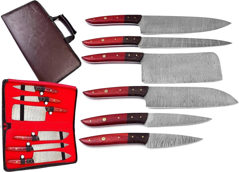 ZEE Custom made Damascus steel kitchen/chef's knife set with leather bag ZE-30