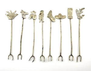 Vintage Mexican Taxco Sterling Silver Cocktail Hors D'Oeuvre Forks - Set of 8 - Picture 1 of 8
