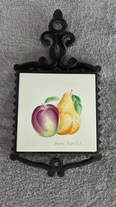 Vintage Handpainted Apple And Pear Black Cast Iron Tile Trivet Japan - Picture 1 of 2