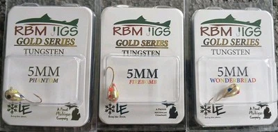 3 Packs RBM Fishing Jigs Gold Series Tungsten 5MM Firebomb Phantom & Wonderbread - Image 1 of 2