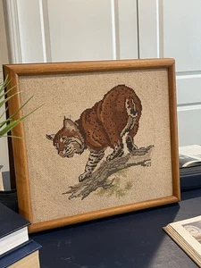 Vintage 1980s Bobcat Needle Point Rustic Oak Wood Frame 12x14 Wildlife Art - Picture 1 of 11