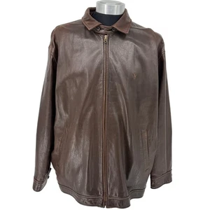 Vintage Y2K Polo Ralph Lauren Braun Lederjacke Full Zip Bomber Mantel Herren XL - Bild 1 von 14