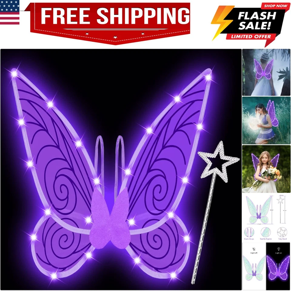 Light Up Fairy Wings for Women Girls Adult, LED Butterfly Wings Wand Hallowee... - Image 1 of 4
