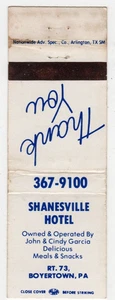 Shanesville Hotel-Boyertown, Pa. Vintage Matchbook Cover - Picture 1 of 2