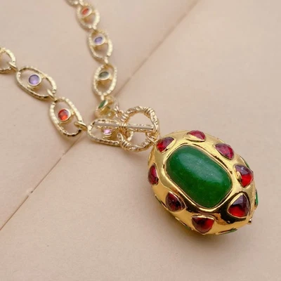Green Jasper Red Crystal Pendant Cz Pave Rosary Oval Shape Chain Choker Necklace - Image 1 of 4