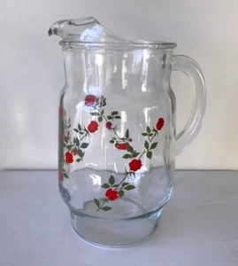 Vintage Glass Pitcher Red Roses and Green Leaves Tea Lemonade Country Farmhouse - Picture 1 of 11