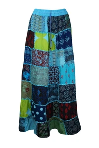 Vintage Patchwork Maxi Skirt Boho Look Printed Summer Rayon GYPSY SKIRTS S/M