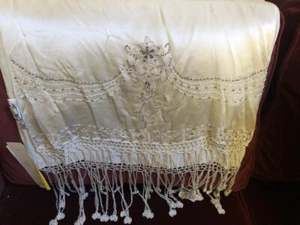 Sue Wong Shawl Silk Fringed Scarf Large Long Ivory Beige Lace Beaded Sheer New 7 - Picture 1 of 12
