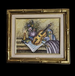 Impresión de violín musical texturizado en marco estilo bambú - pintura al óleo sintética 14"x12" - Imagen 1 de 4