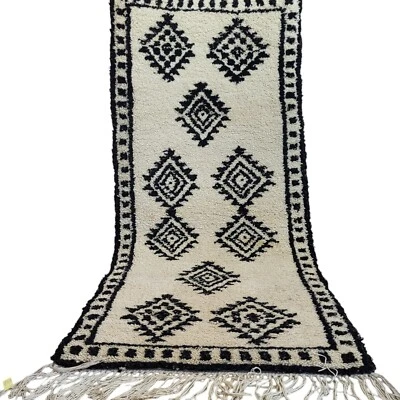 Vintage Handmade Moroccan Berber Rug Boujaad Fringe Black Diamond Pattern Carpet - Image 1 of 4