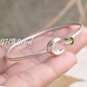 Apple Green Peridot Gemstone 925 Sterling Silver Moon Bangle Best Wishes Cuff - Picture 1 of 4