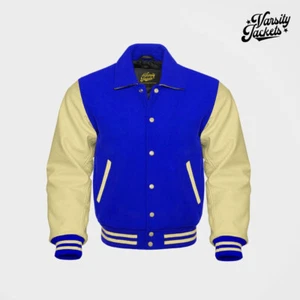 Royal Blue body Cream Sleeves Premium Varsity Jacket Letterman Baseball College - Picture 1 of 5