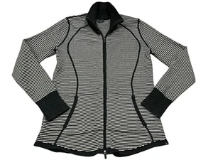 Eddie Bauer Sweater Womens MEDIUM Gray Stripe Full Zip Mock Neck Sport Cardigan - Picture 1 of 5
