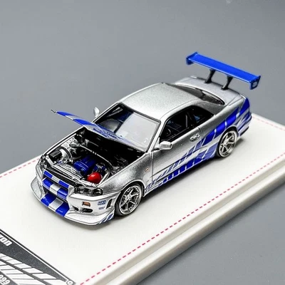 FH 1/64 Scale Nissan GT-R R34 FNF Silver/Blue Diecast Car Model Gift Toy - Image 1 of 4